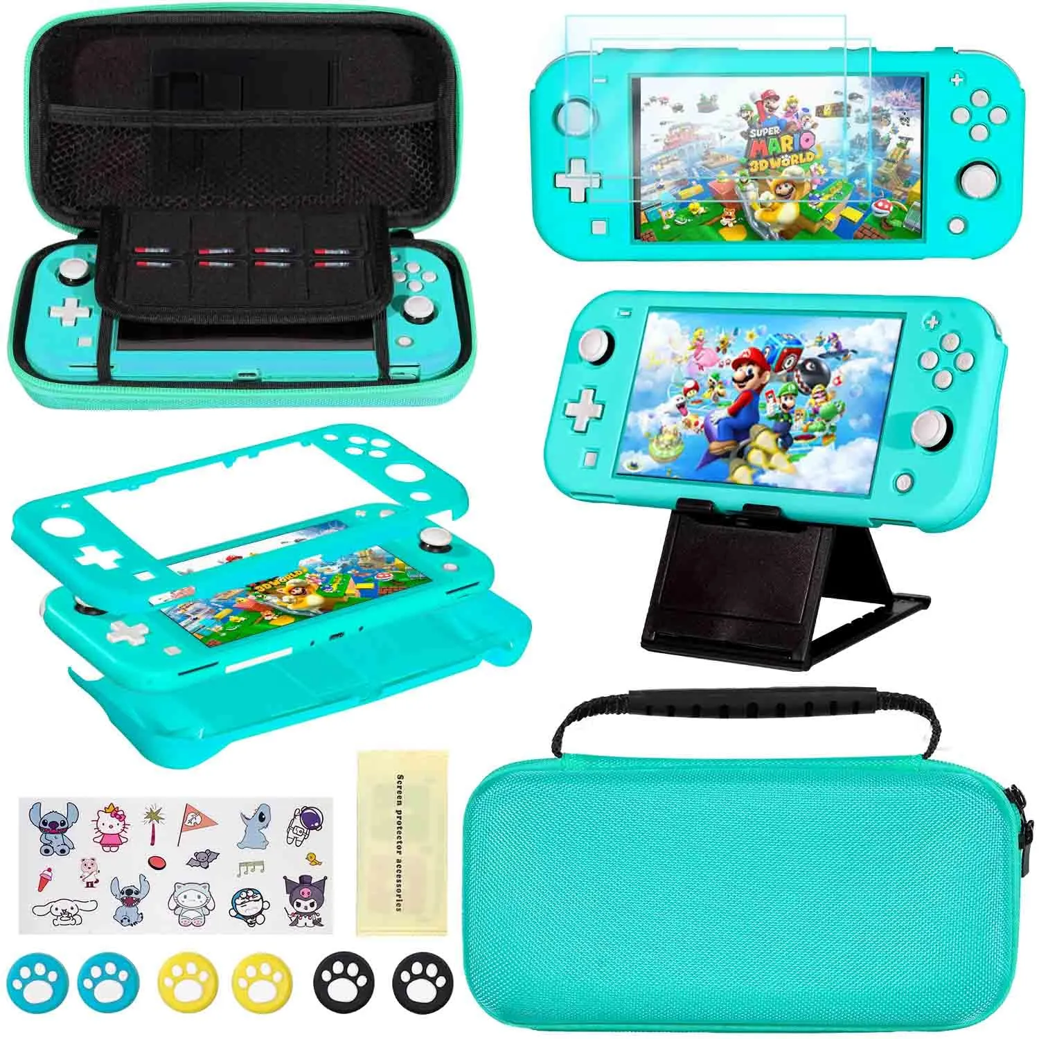 Accessories Kit for Nintendo Switch Lite - YOOWA Accessories Bundle with Carrying Case, Protective Cover case, 2-Pack Tempered Glass Screen Protector, Adjustable Play Stand, 6 Thumb Grips