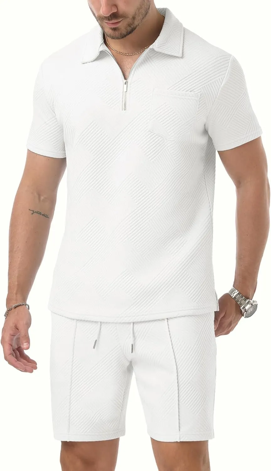 Askdeer Mens Short Sets 2 Piece Summer Track Suits Short Sleeve Sweatsuit Outfits 1/4 Zip Golf Polo Shirts Loungewear