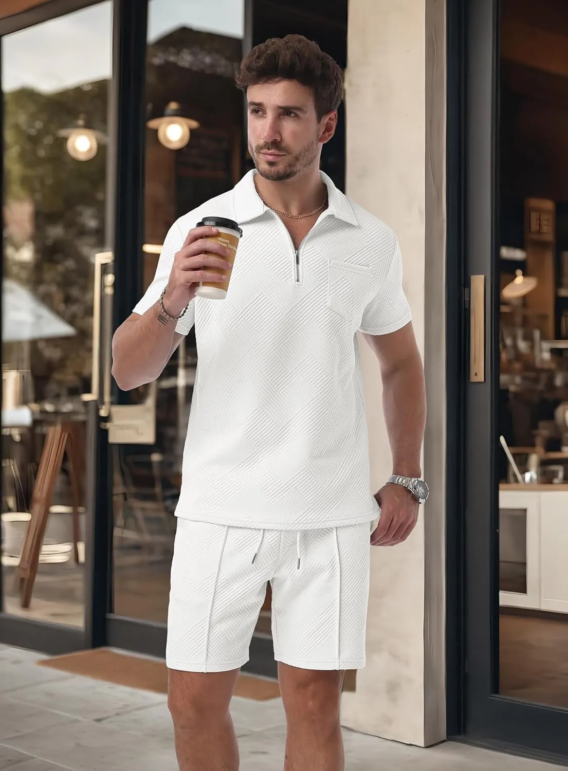 Askdeer Mens Short Sets 2 Piece Summer Track Suits Short Sleeve Sweatsuit Outfits 1/4 Zip Golf Polo Shirts Loungewear