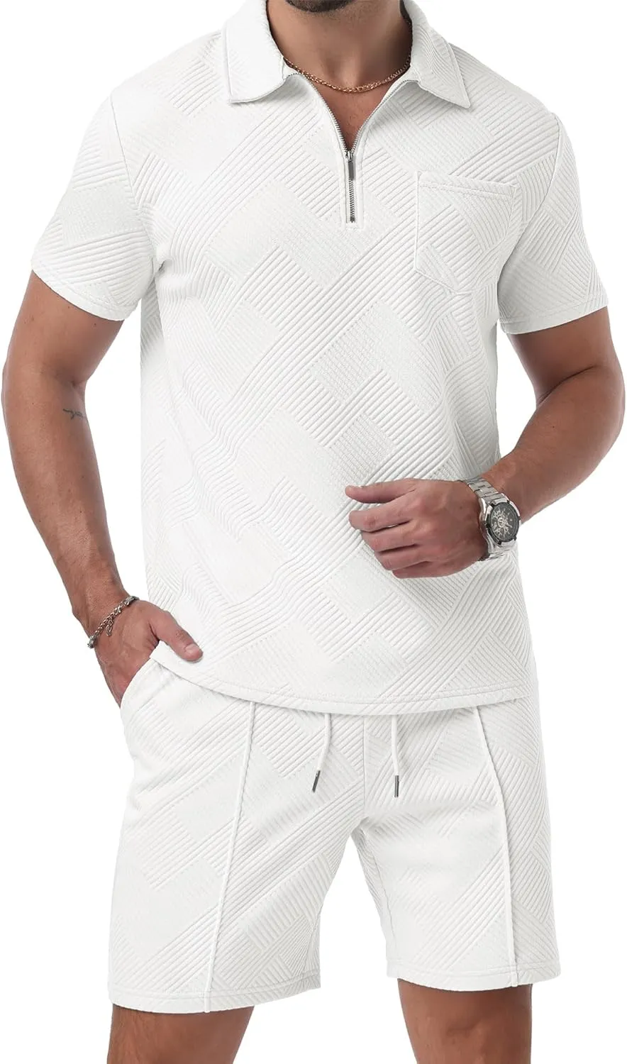 Askdeer Mens Short Sets 2 Piece Summer Track Suits Short Sleeve Sweatsuit Outfits 1/4 Zip Golf Polo Shirts Loungewear
