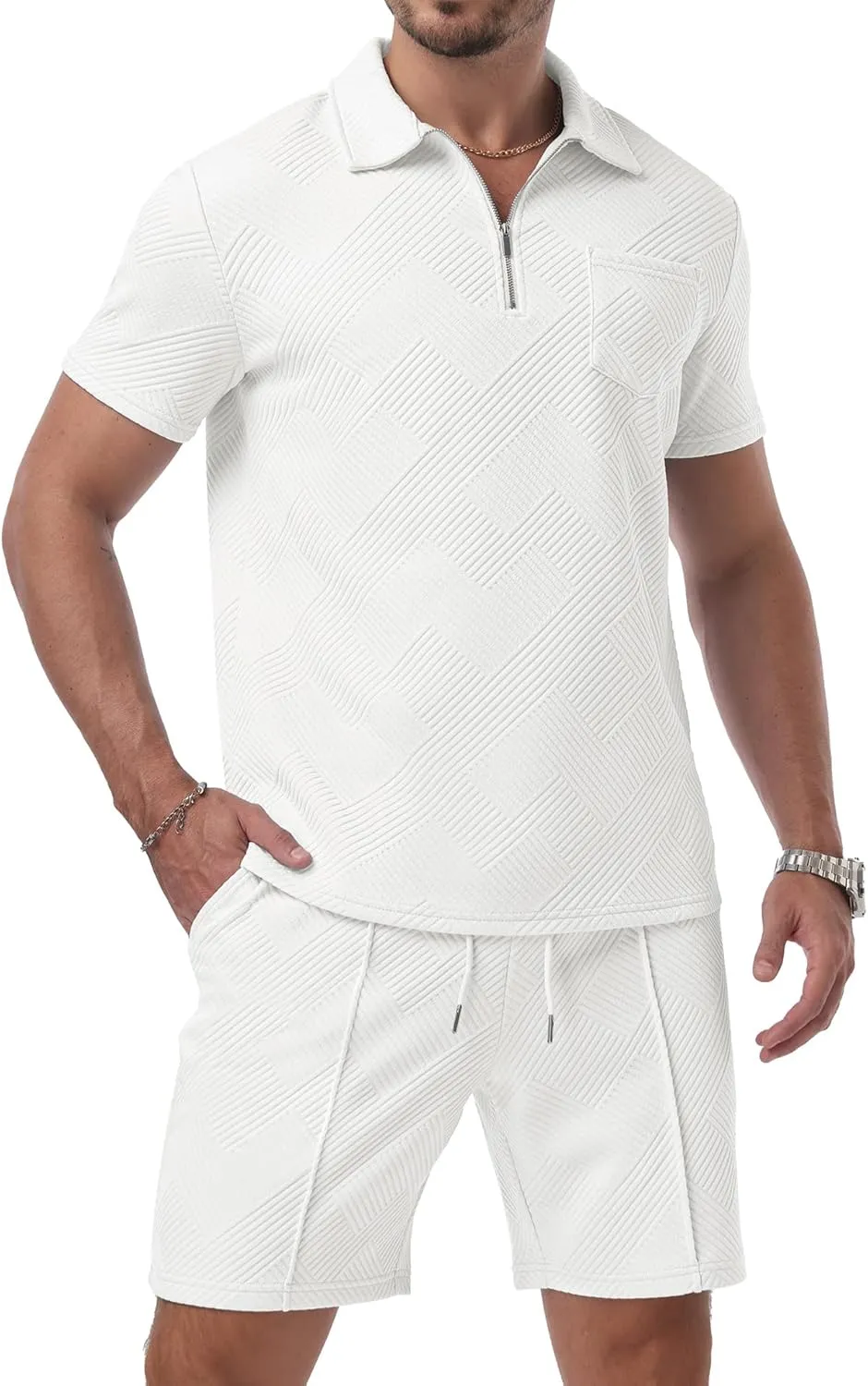 Askdeer Mens Short Sets 2 Piece Summer Track Suits Short Sleeve Sweatsuit Outfits 1/4 Zip Golf Polo Shirts Loungewear