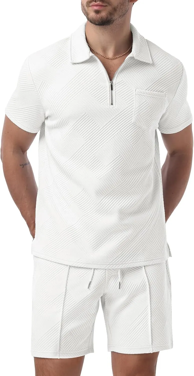 Askdeer Mens Short Sets 2 Piece Summer Track Suits Short Sleeve Sweatsuit Outfits 1/4 Zip Golf Polo Shirts Loungewear
