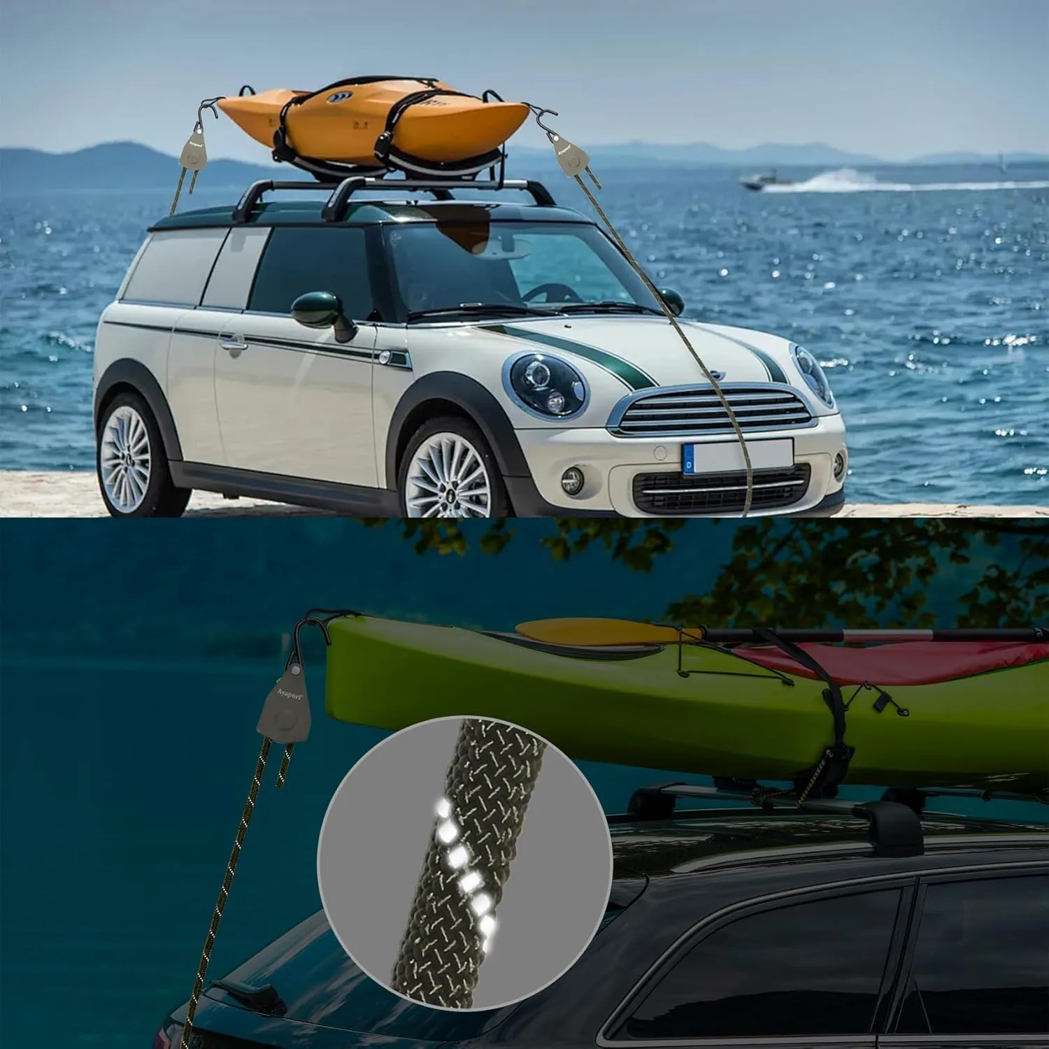 Ayaport Kayak Rope Tie Down 14ft Green Ratchet Straps Bow and Stern Ratcheting Tie Downs Rope Hanger Kayak and Canoe Accessories