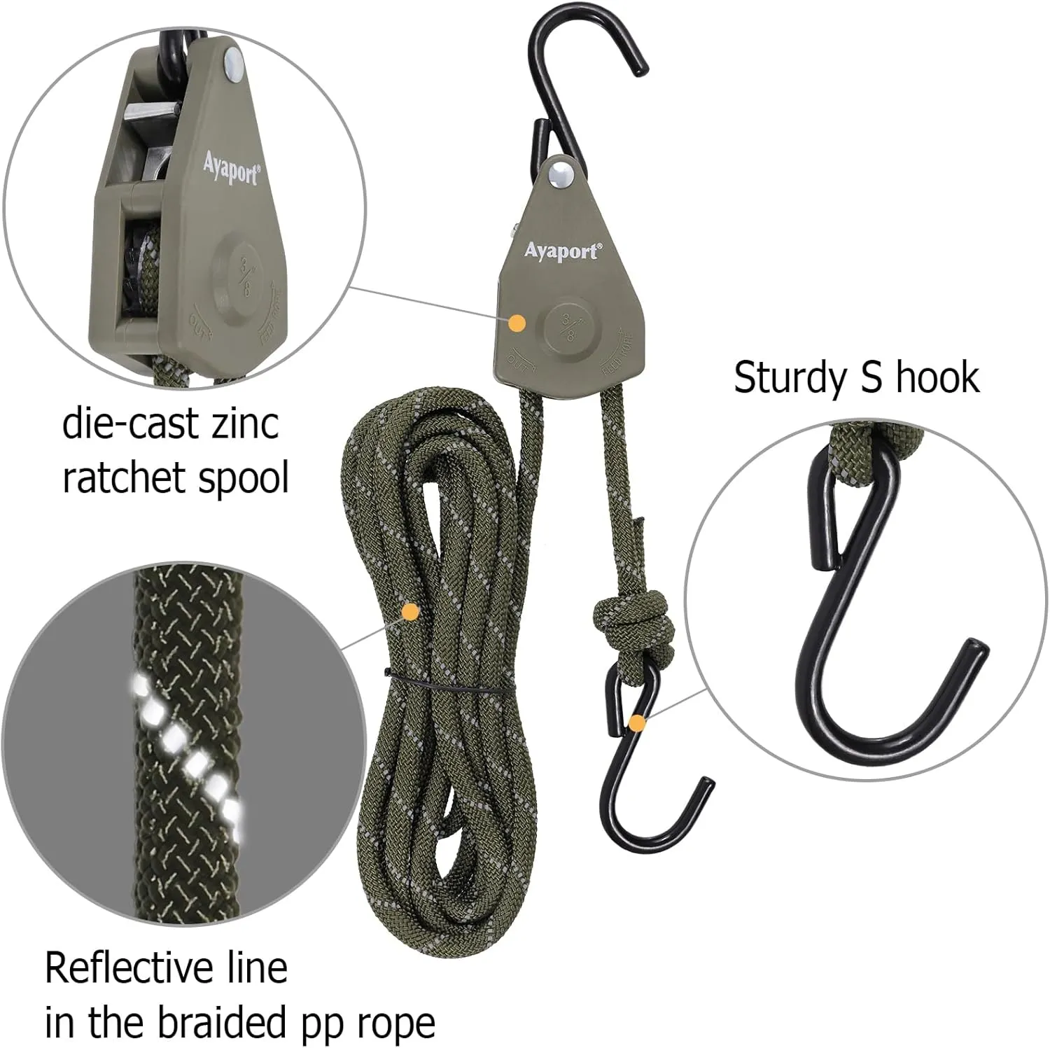Ayaport Kayak Rope Tie Down 14ft Green Ratchet Straps Bow and Stern Ratcheting Tie Downs Rope Hanger Kayak and Canoe Accessories