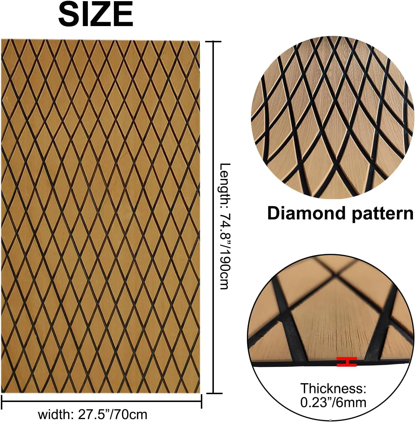Boat Flooring Eva Foam Non-Slip Self-Adhesive Marine Flooring Sheet Boat Yacht Decking Faux Teak Flooring Mat For Motorboat Fishing Boat RV Floor Kayak Swimming Pool 27.5"74.8 Rhombus pattern