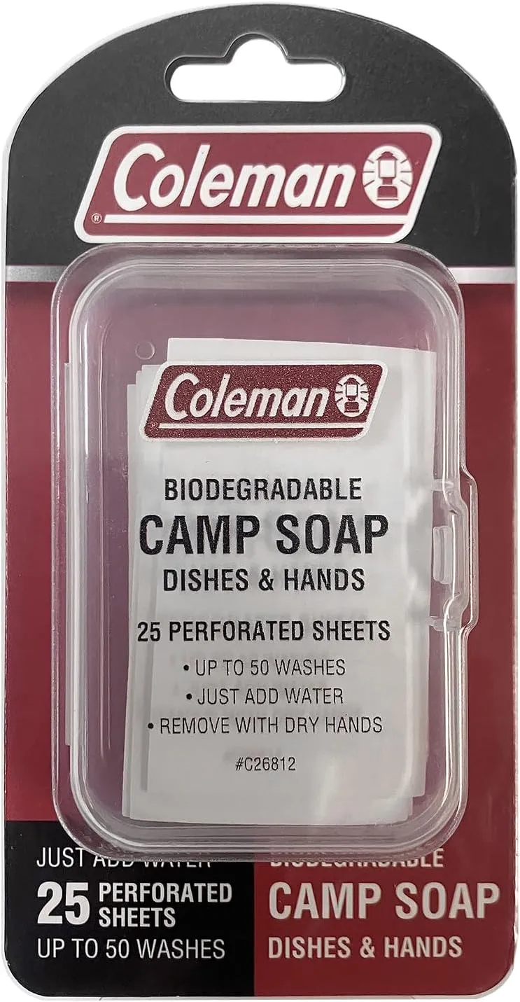 Coleman Camp Soap Sheets  25 Travel Soap Sheets for Camping, Hiking & Backpacking  Perforated for 50 Washes, Dissolves Instantly in Hot or Cold Water, TSA-Approved for Travel
