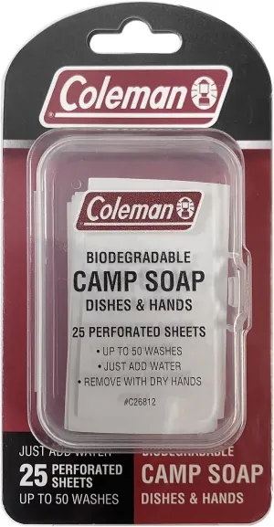 Coleman Camp Soap Sheets  25 Travel Soap Sheets for Camping, Hiking & Backpacking  Perforated for 50 Washes, Dissolves Instantly in Hot or Cold Water, TSA-Approved for Travel