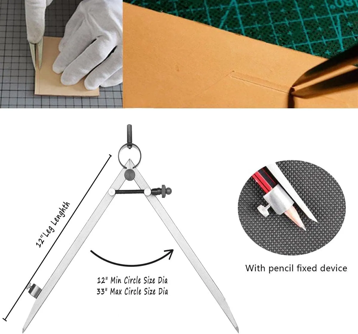 Compass for Geometry, 12 inch Professional Leather Work Divider, Woodworking Compass with Pencil Holder, Spring Divider Wing Compass, Drawing Compass for Leather and Woodworking