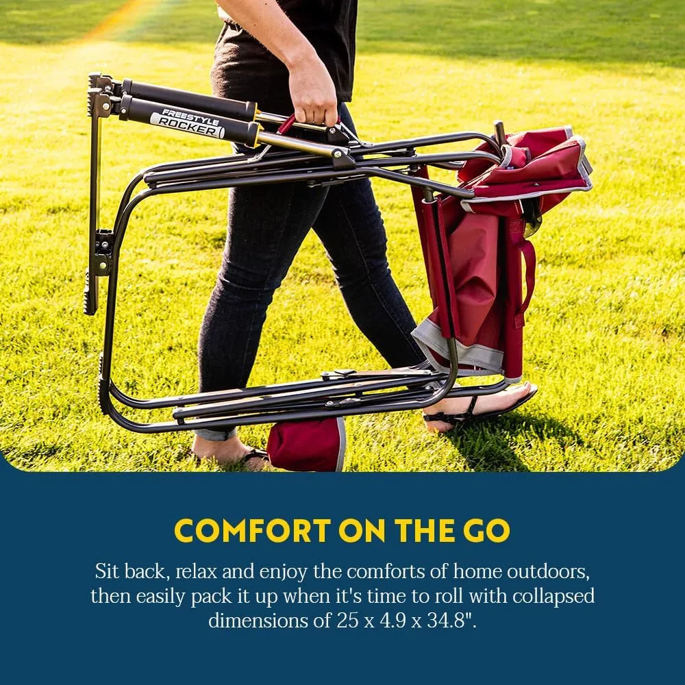 GCI OUTDOOR Freestyle Rocker Camping Chair | Portable Folding Rocking Chair with Solid, Durable Armrests, Drink Holder & Comfortable Backrest  Cinnamon