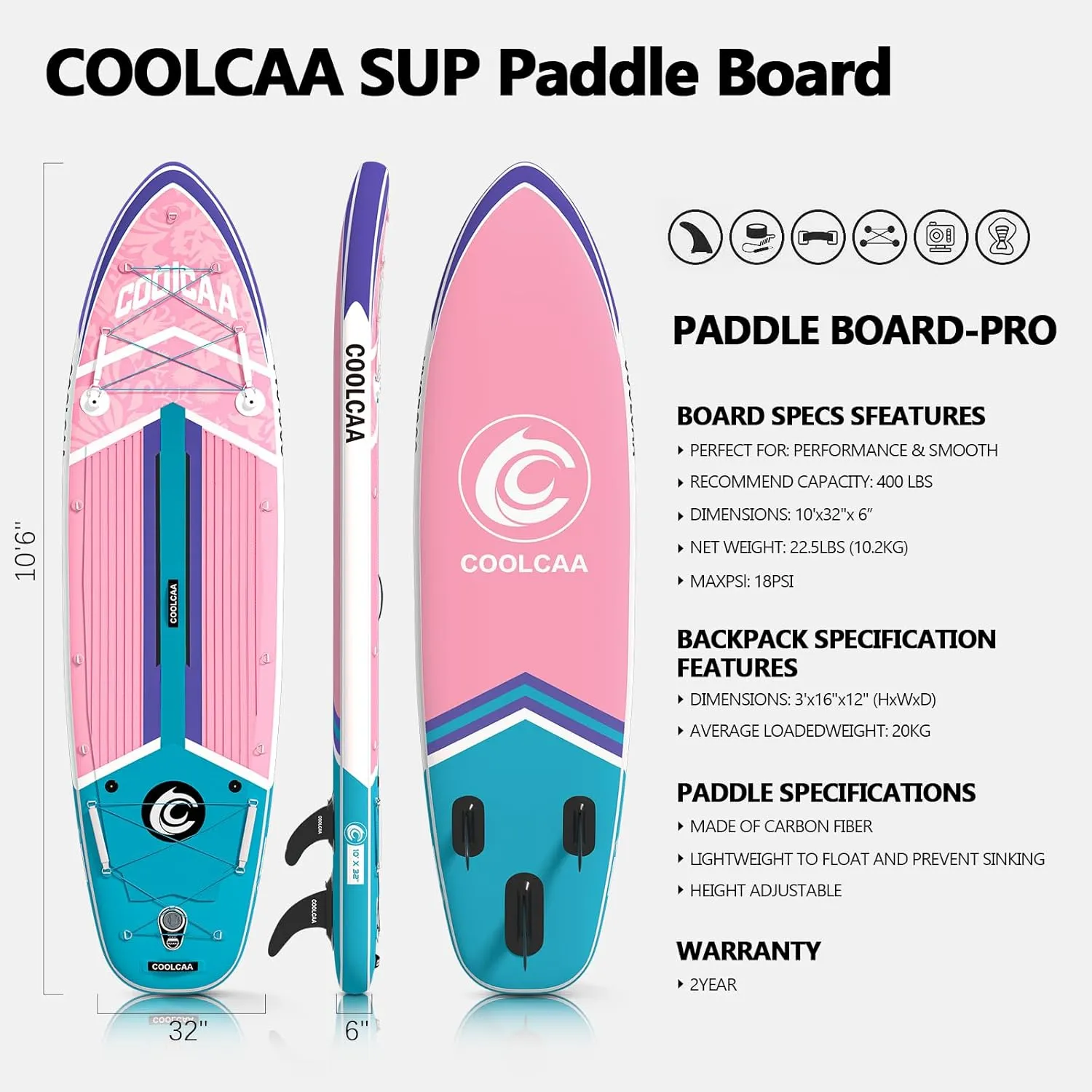 Inflatable Stand Up Paddle Board, 460lb Max Capacity, Premium SUP Accessories, Stable Non-Slip Deck, Adult & Youth All Skill Levels