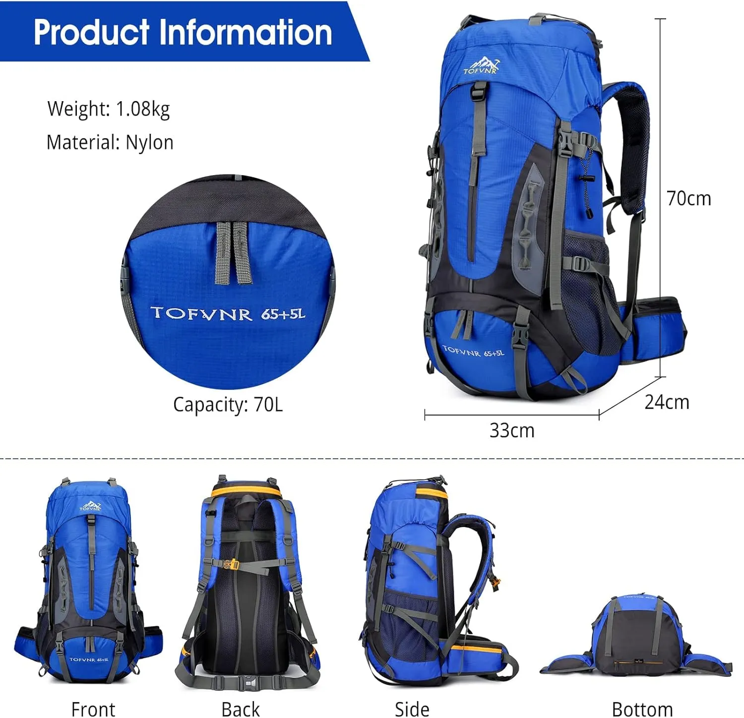 kingsea 70L Large Camping Hiking Backpack, Lightweight Nylon Trekking Rucksack,For Men Women Outdoor Large Capacity Sports Mountaineering Backpack Climbing Travel Waterproof Daypack