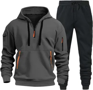 Men's Stylish Casual Hoodie with Chinstrap Pocket Solid Color Hoodie with Foot Adjustment Pants Set