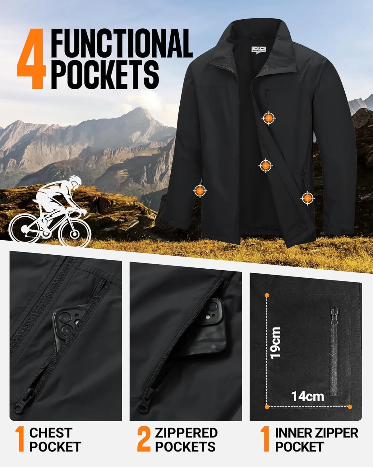 Outdoor Ventures Men's Lightweight Jacket Waterproof Rain Shell Jackets with velvet lined Windbreake Stand Collar
