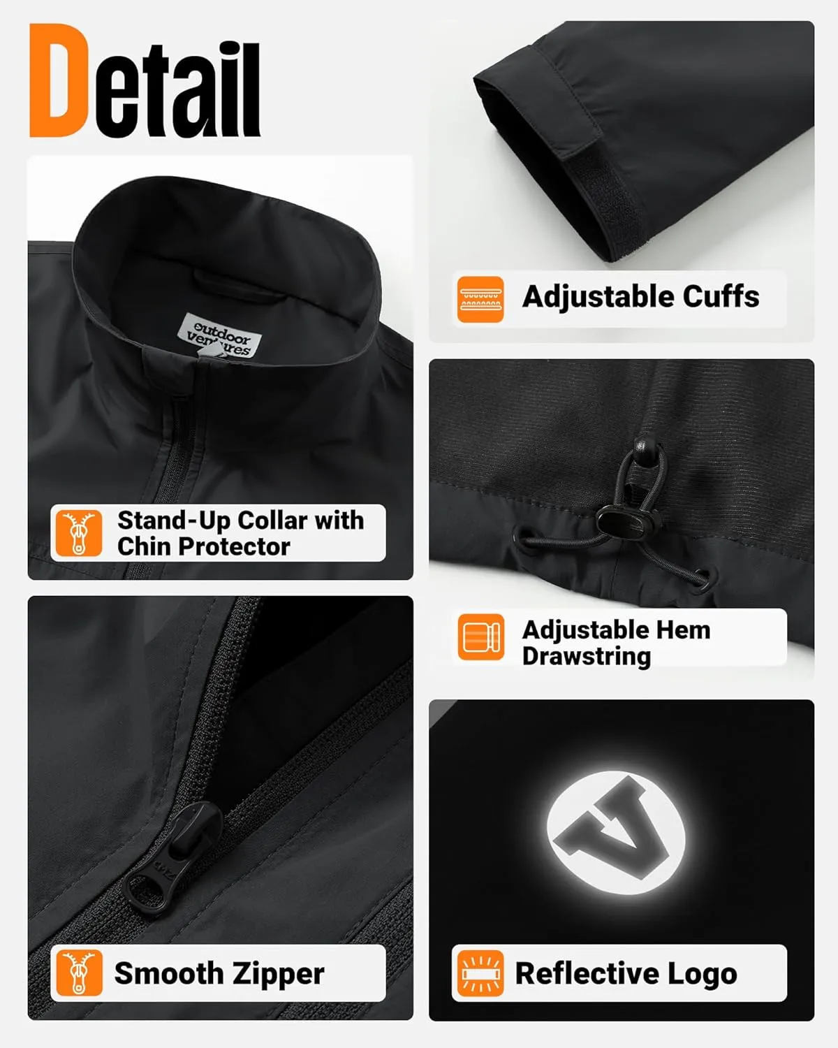 Outdoor Ventures Men's Lightweight Jacket Waterproof Rain Shell Jackets with velvet lined Windbreake Stand Collar