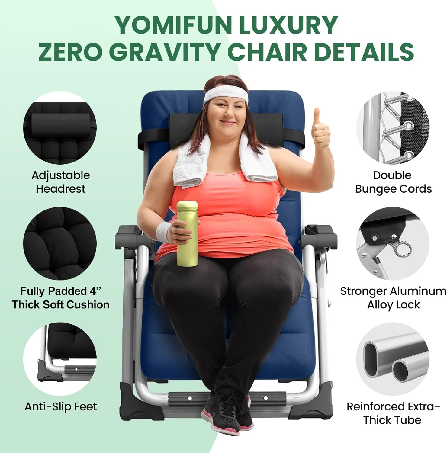 Oversized Zero Gravity Chair, XL Lounge Chair 29 Width, Padded Reclining Camping Chair W/Removable Cushion & Adj Headrest, Storage Bag, Footrest Cushion, Cup Holder, for Indoor Outdoor, Blue