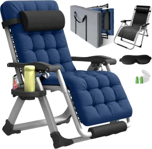 Oversized Zero Gravity Chair, XL Lounge Chair 29 Width, Padded Reclining Camping Chair W/Removable Cushion & Adj Headrest, Storage Bag, Footrest Cushion, Cup Holder, for Indoor Outdoor, Blue