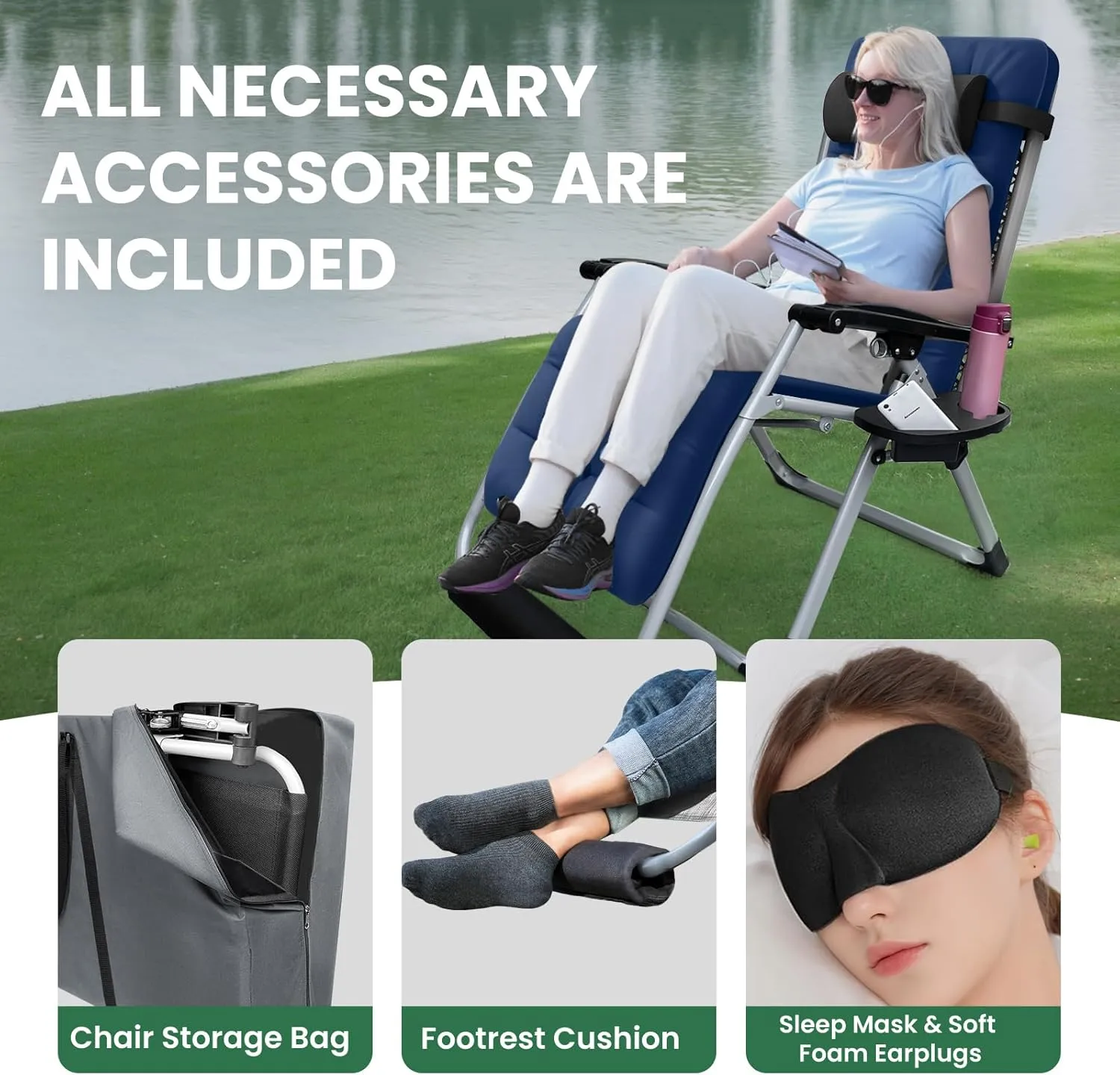 Oversized Zero Gravity Chair, XL Lounge Chair 29 Width, Padded Reclining Camping Chair W/Removable Cushion & Adj Headrest, Storage Bag, Footrest Cushion, Cup Holder, for Indoor Outdoor, Blue