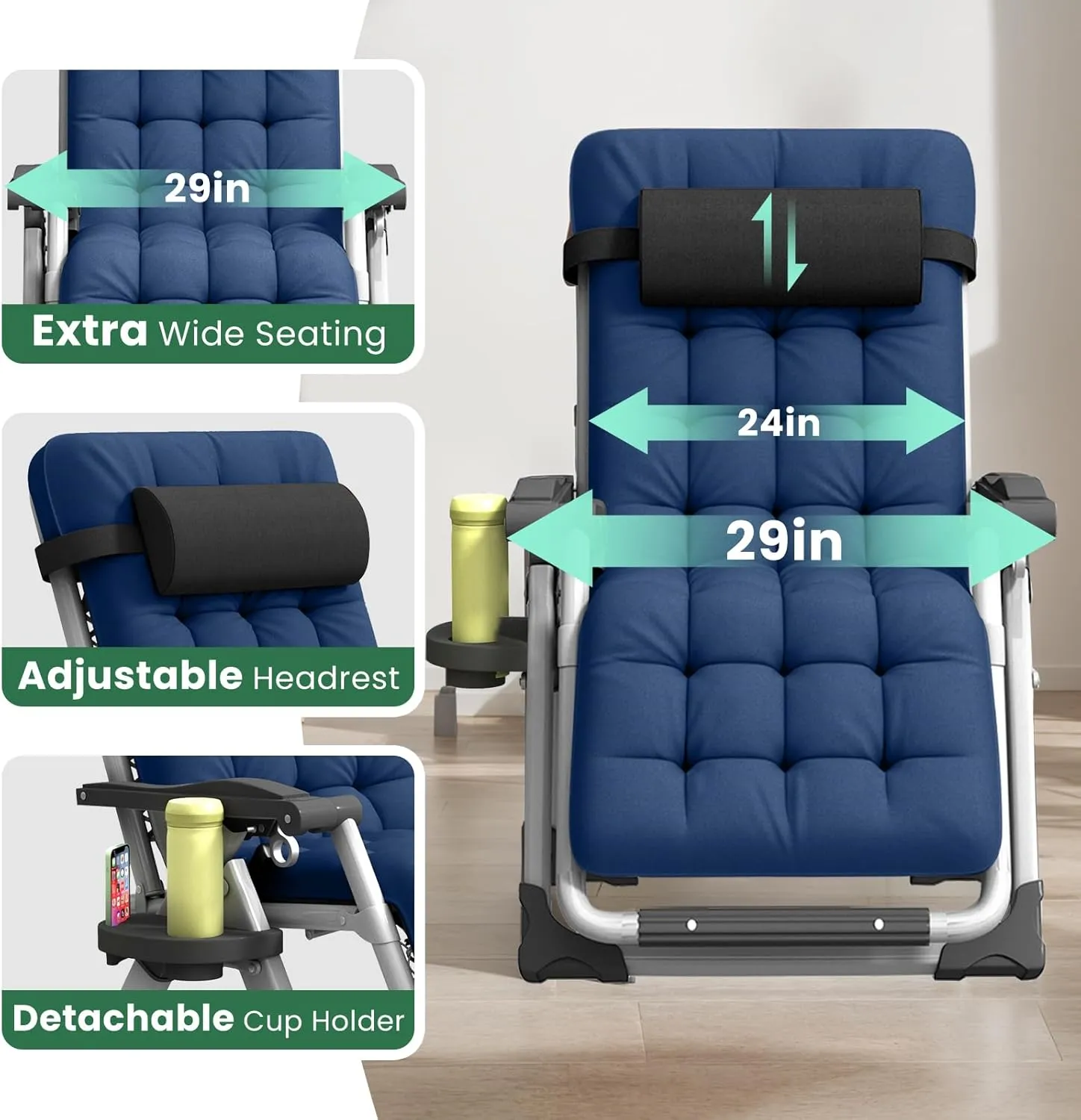 Oversized Zero Gravity Chair, XL Lounge Chair 29 Width, Padded Reclining Camping Chair W/Removable Cushion & Adj Headrest, Storage Bag, Footrest Cushion, Cup Holder, for Indoor Outdoor, Blue