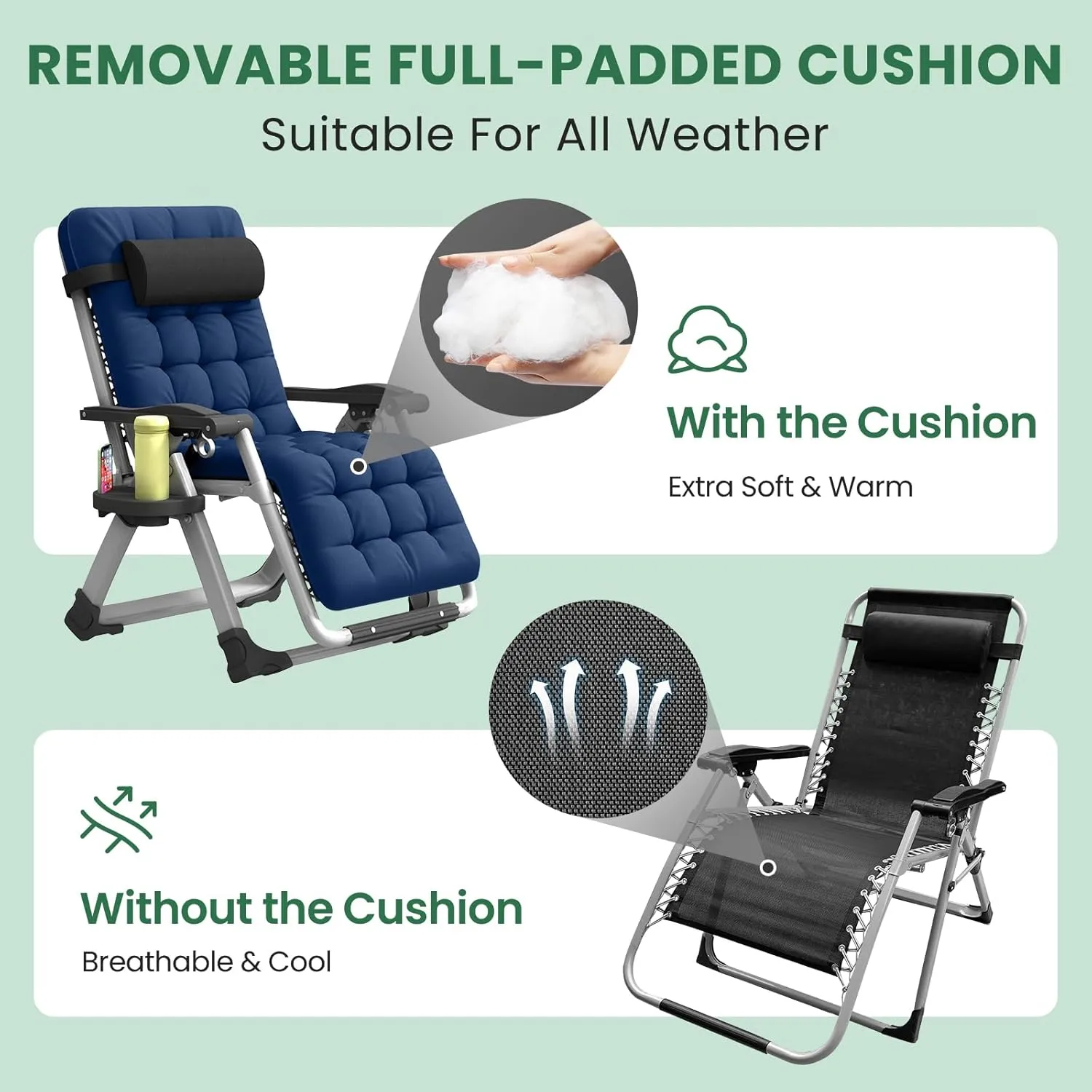 Oversized Zero Gravity Chair, XL Lounge Chair 29 Width, Padded Reclining Camping Chair W/Removable Cushion & Adj Headrest, Storage Bag, Footrest Cushion, Cup Holder, for Indoor Outdoor, Blue