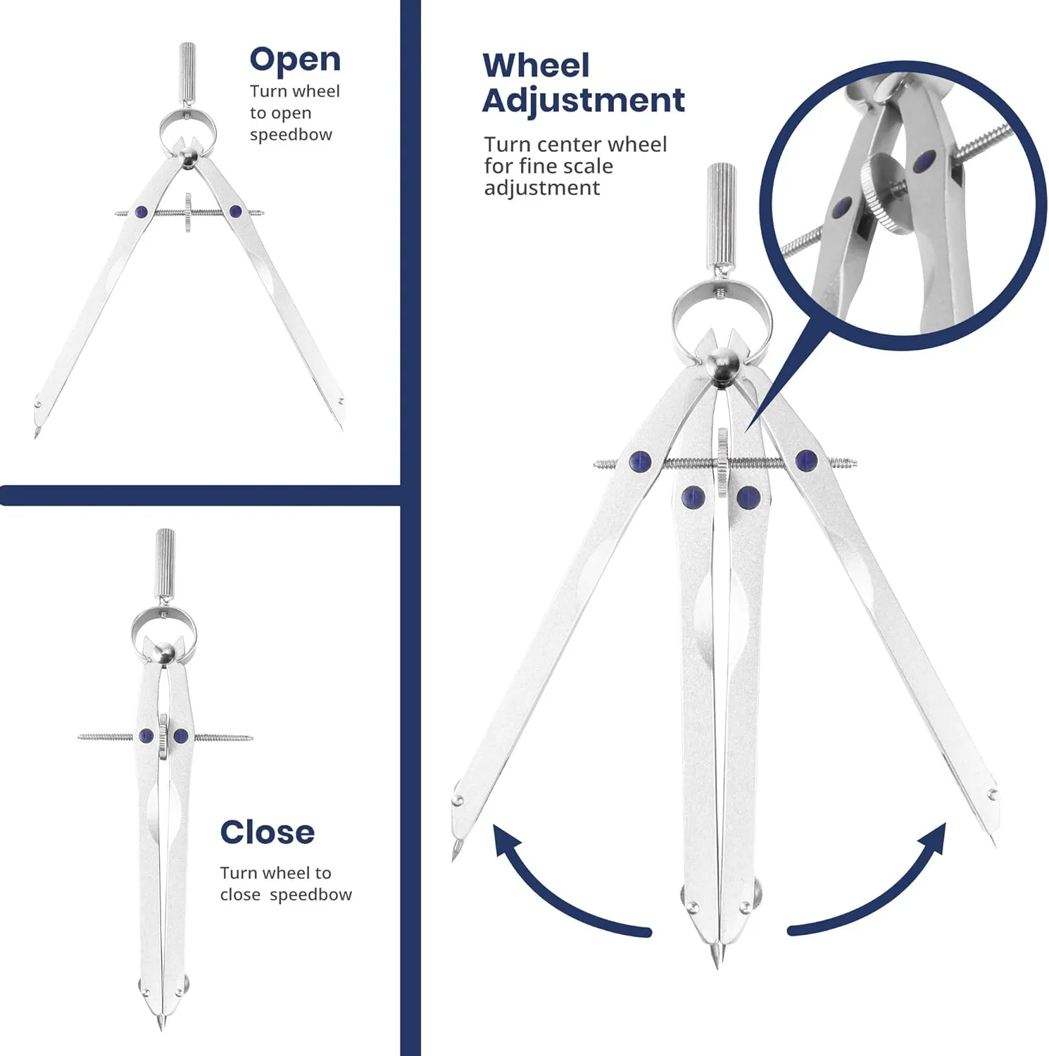 Pacific Arc Metal Professional Compass, Perfect Spring Bow Compass for Math, Geometry, or Drafting, Up to 8" Diameter Large, Comes with Lead and Lock