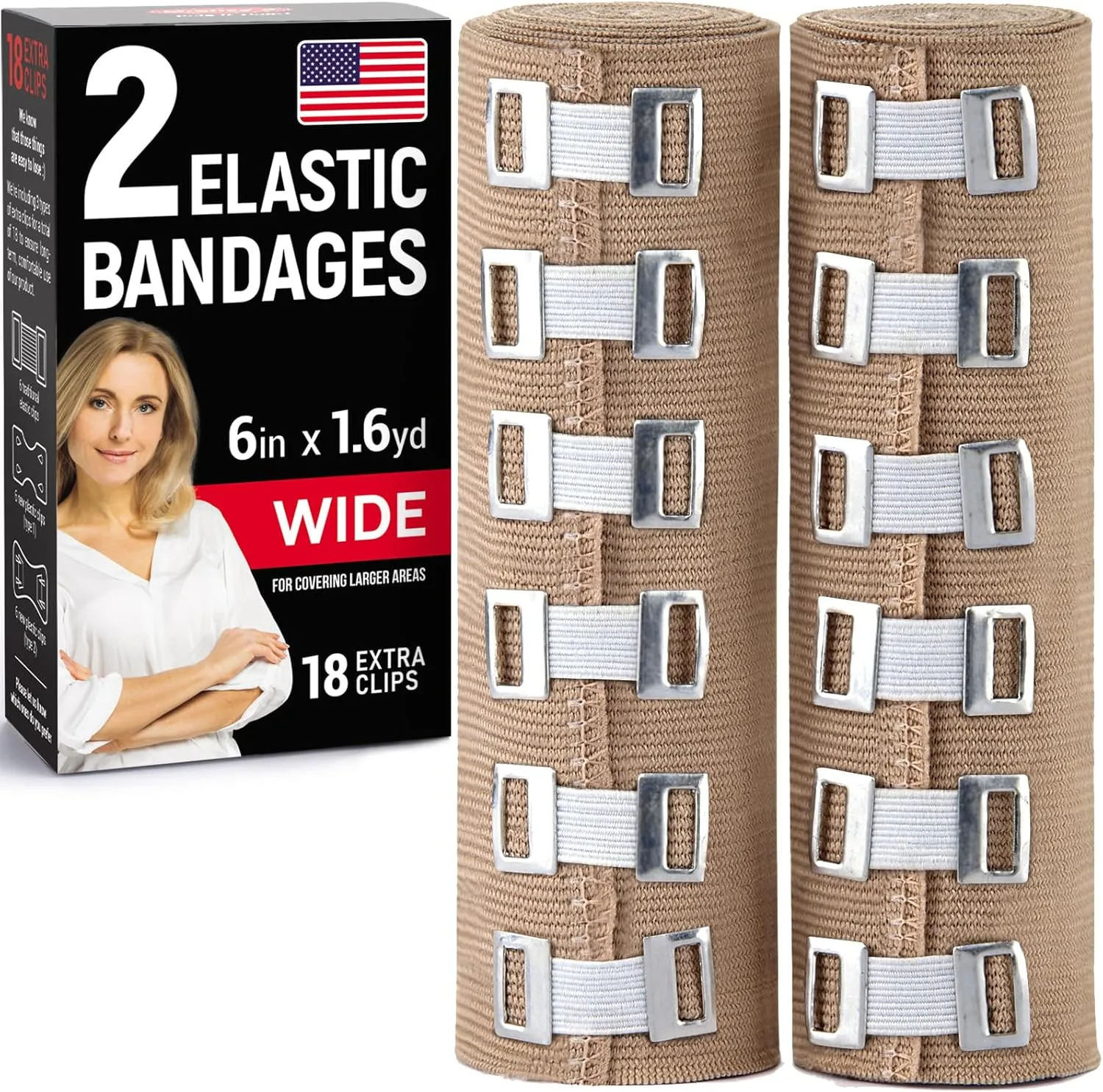 Premium Elastic Bandage Wrap  2pk   18 Extra Clips  6 in x 15ft  Wide Compression Bandage Wrap - Waist, Thigh, Knee, Lymphedema, Body Wrap