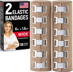 Premium Elastic Bandage Wrap  2pk   18 Extra Clips  6 in x 15ft  Wide Compression Bandage Wrap - Waist, Thigh, Knee, Lymphedema, Body Wrap