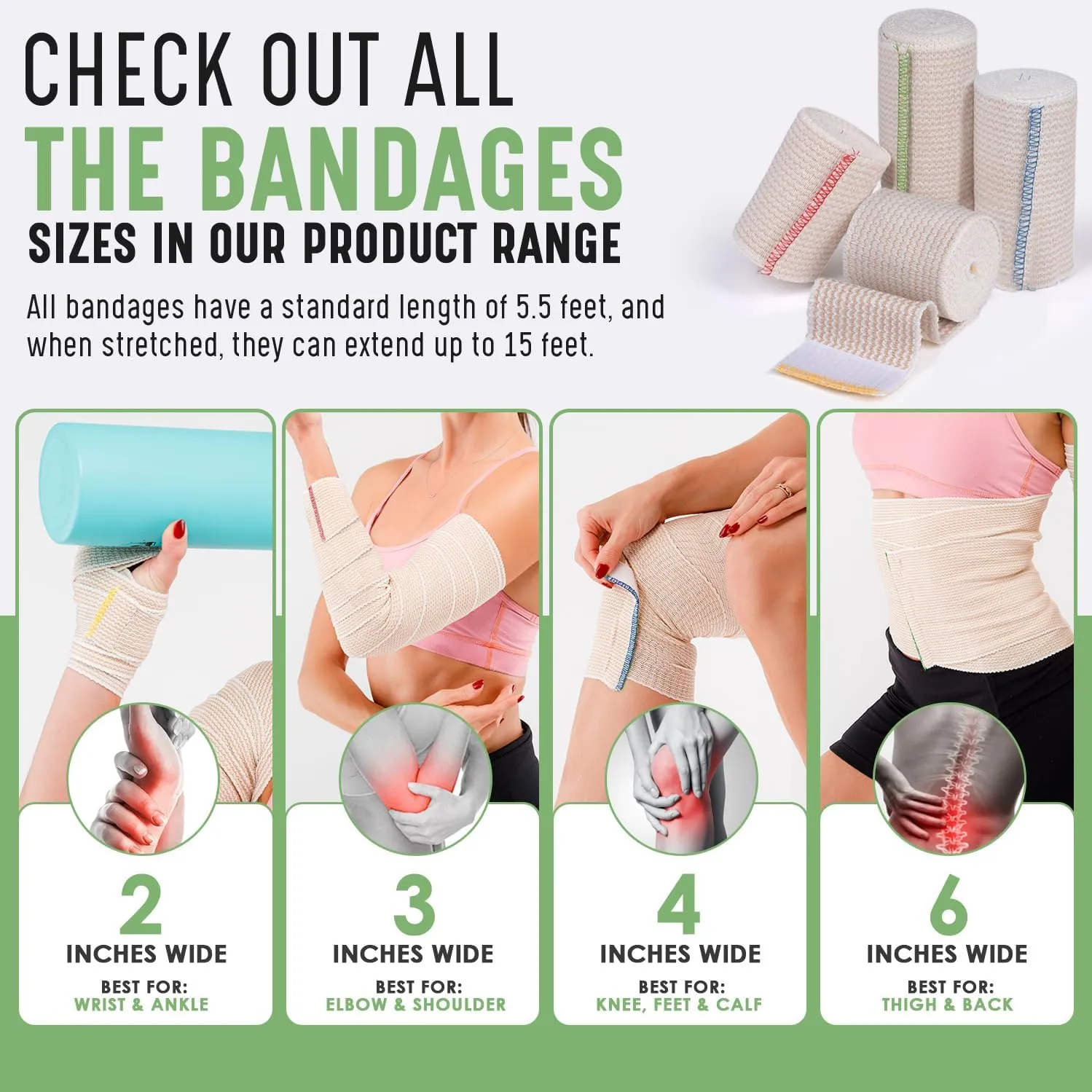 Premium Elastic Bandage Wrap (2" 2 Pack) - Hook & Loop Fasteners at Both Ends - Latex Free Hypoallergenic Compression Roll - Reusable Bandages for Waist, Legs, Elbow & Knee Wrap