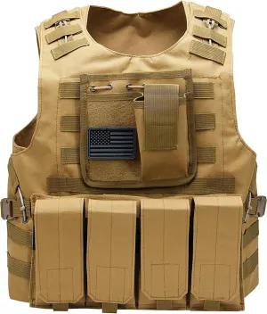 Redemption Tactical Airsoft Vest for Adults and Kids w/US Flag Patch and Pouches (brown, small-large)