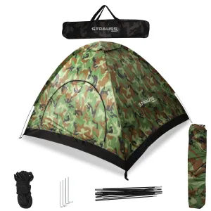 STRAUSS Portable Tent for Camping|5-10 Minutes Easy Setup |Ideal for Picnic, Outdoor Tent for Travel|Waterproof and Windproof Tent|Superior Air Ventilation| Ideal for 2 Persons,(Military Color)