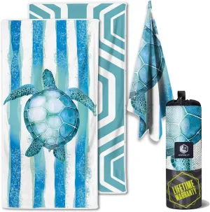 VENTURE 4TH Microfiber Beach Towel: Quick-Dry, Compact, Sand-Free, Absorbent, Sandproof and Lightweight - Perfect for Camping, Beach, and Roadtrips (Striped Turtle Design | 35x78 inches)