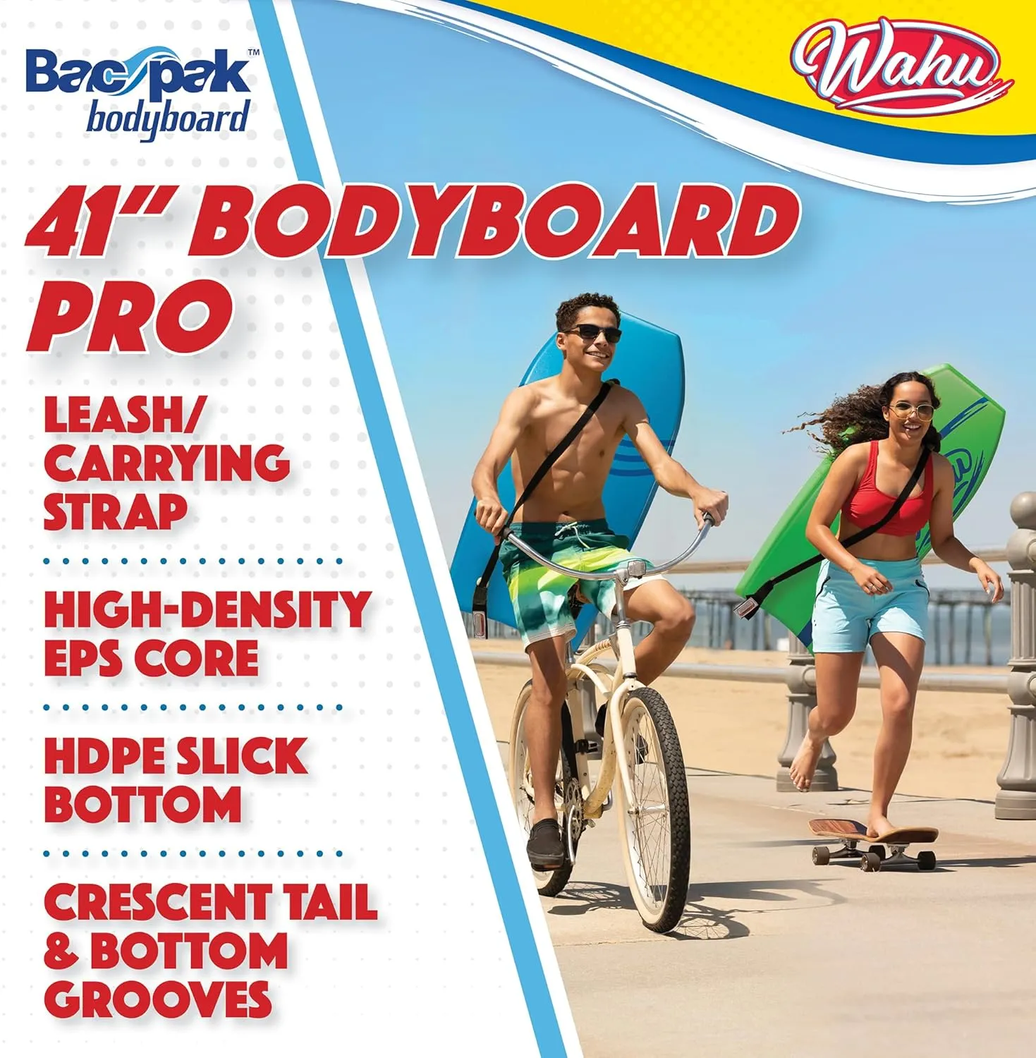 WAHU Bac Pak Bodyboard Pro with Leash, Crescent Tale, EPS Core, XPE Deck, and HDPE Slick Bottom, 41" Lightweight Beach Body Board for Ages 10 