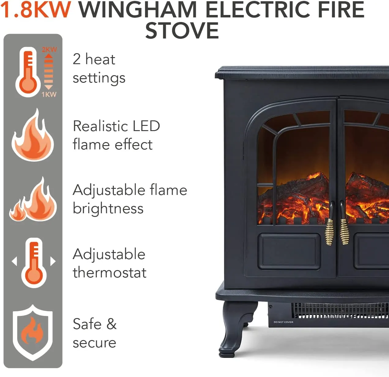 Warmlite 2KW Double Door Portable Electric Fire Stove Heater Black
